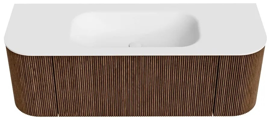 Mondiaz Kurve 130cm badmeubel ronding links/rechts walnut met 1 lade en 2 deuren en wastafel big small midden 1 kraangat