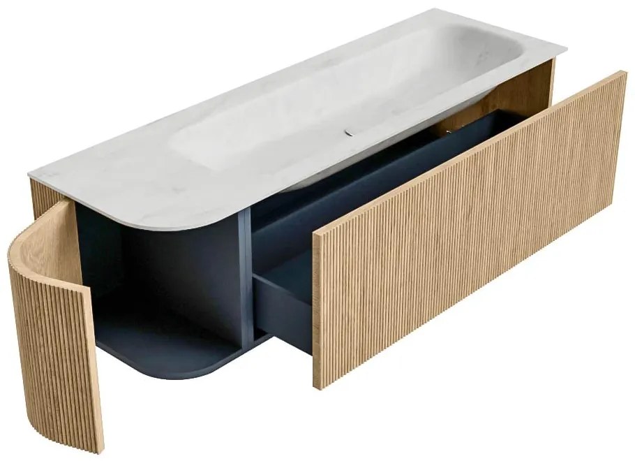 Mondiaz Kurve-dlux 145cm badmeubel ronding links oak met 1 lade en deur en wastafel big large rechts 2 kraangaten opalo