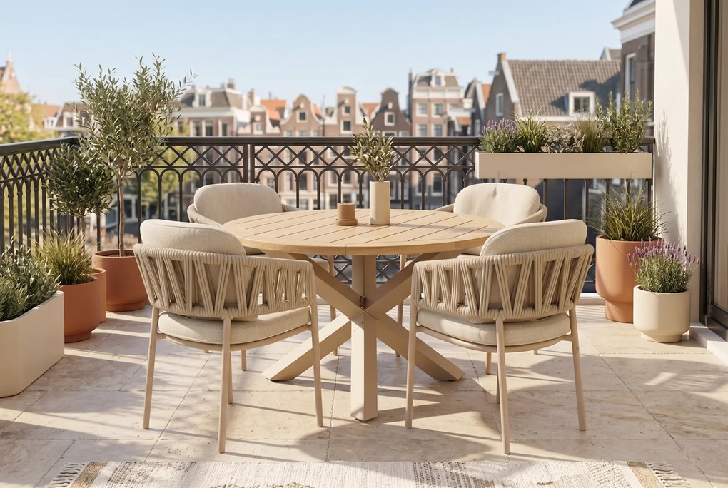 Tuinset Ronde Tuintafel 4 personen Rope Zand/Beige 4 Seasons Outdoor Calma/Rockville