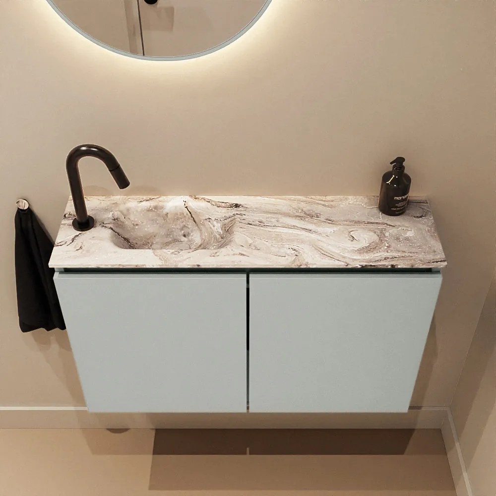 Mondiaz Ture DLux toiletmeubel 80cm greey met wastafel glace links met kraangat