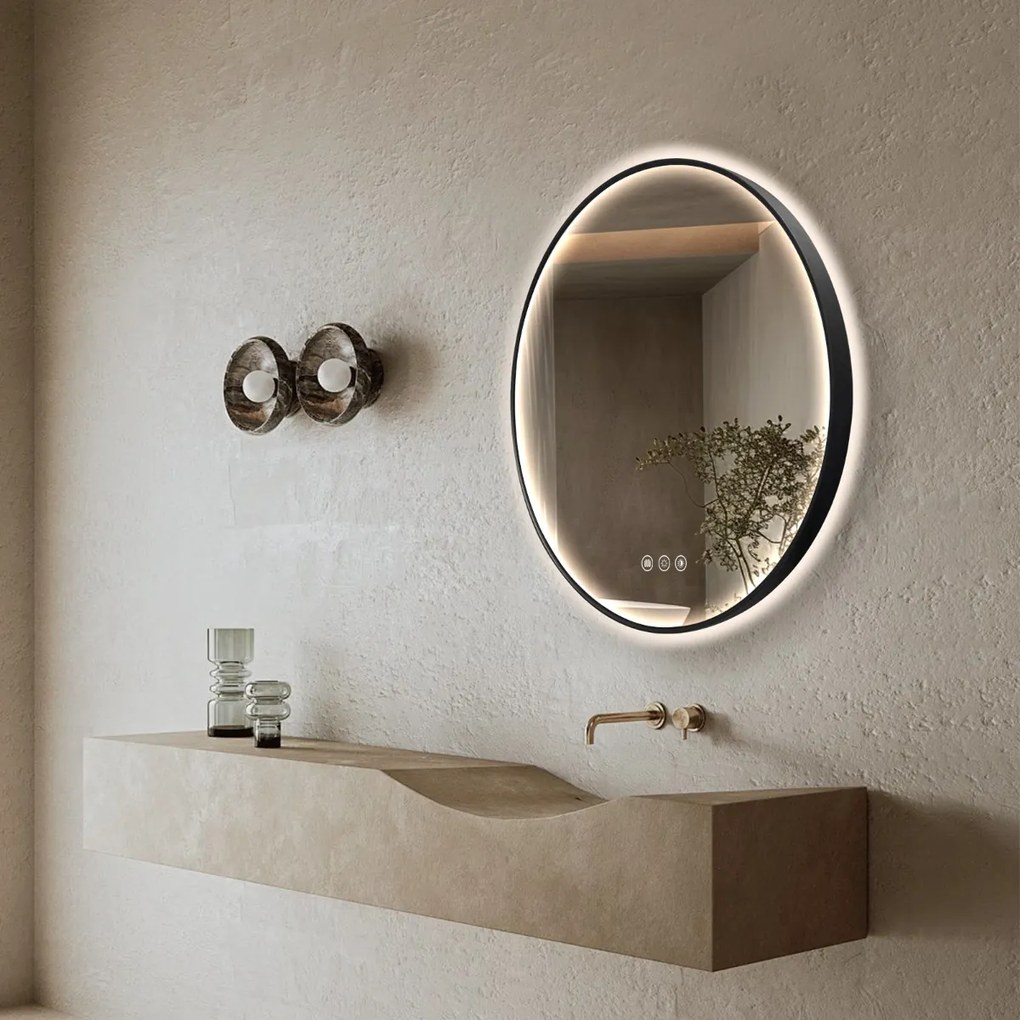 Saniclear Circle Black 2.0 ronde spiegel met verwarming, direct en indirect licht mat zwart 100cm