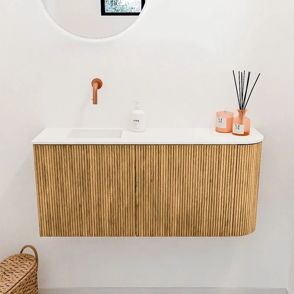 Mondiaz Joya 90cm toiletmeubel ronding rechts oak met wastafel faye links zonder kraangat talc