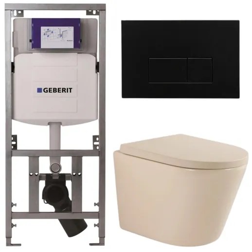 QeramiQ Dely Toiletset - 36.3x51.7cm - diepspoel - rimless - Geberit UP320 inbouwreservoir - softclose toilet zitting 35 mm - kunstof mat zwarte bedieningsplaat - rechthoekige knoppen - mat beige SW1000764/SW1000771/0701131/SW706189