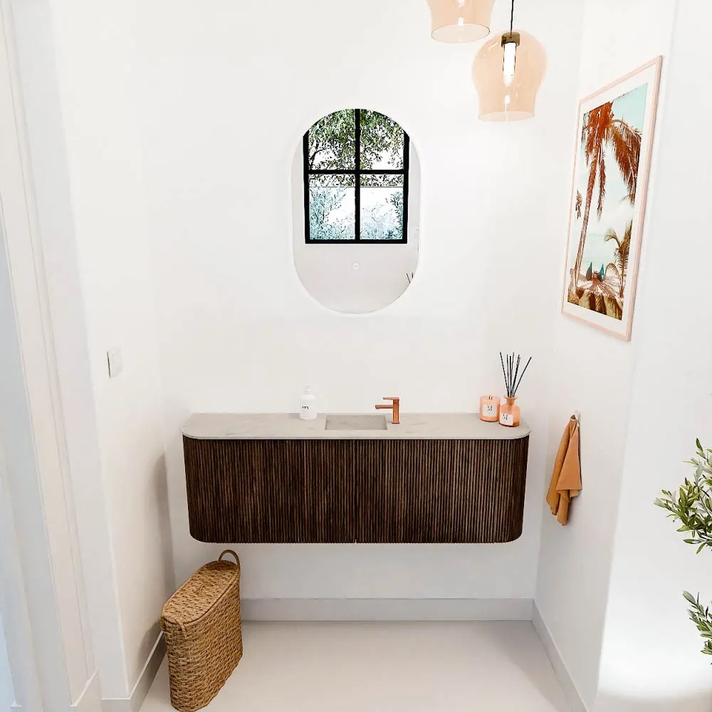 Mondiaz Joya DLux 125cm toiletmeubel ronding links/rechts walnut met wastafel faye midden 1 kraangat opalo