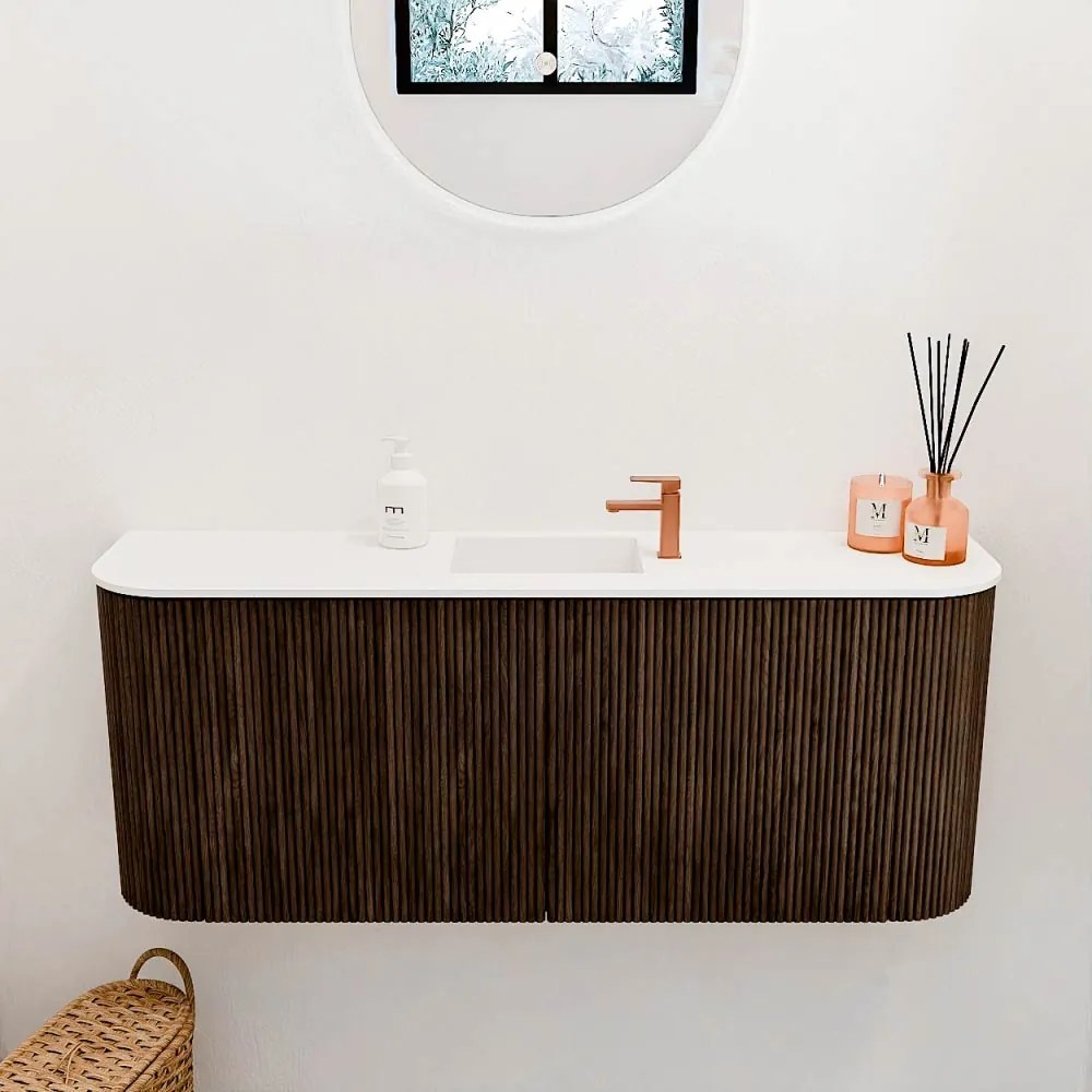 Mondiaz Joya 105cm toiletmeubel ronding links/rechts walnut met wastafel faye midden 1 kraangat talc
