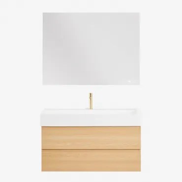 Ona Zwevend Badkamermeubelset Van Hout En Essenfineer Met Geïntegreerde Wastafel Natuurlijk Hout & Rectangular Led And Antifog 120x90 Cm Riben - Sklum