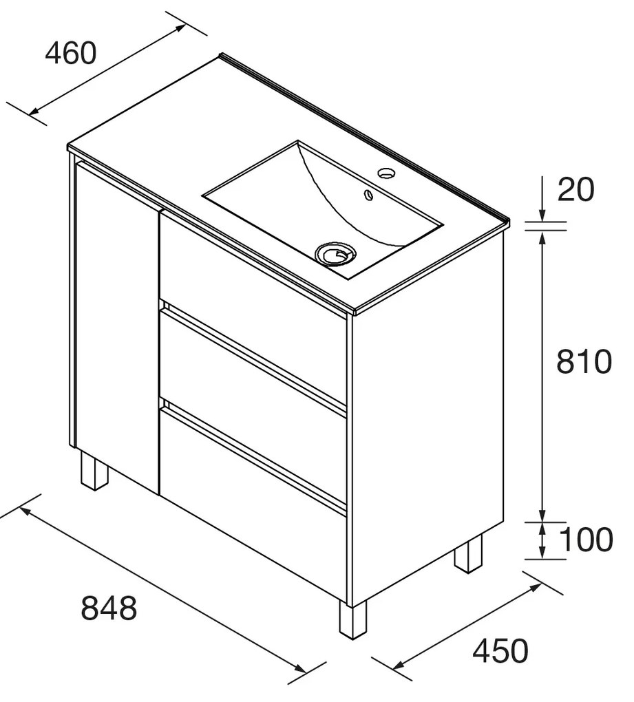 Muebles Project badmeubel 85cm met 3 lades rechts en wastafel zwart mat