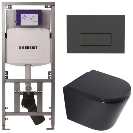 QeramiQ Dely Toiletset - 36.3x51.7cm - diepspoel - rimless - Geberit UP320 inbouwreservoir - softclose toilet zitting 35 mm - bedieningsplaat antraciet mat - rechthoekige knoppen - mat zwart SW1026253/SW1000769/0701131/SW1102377