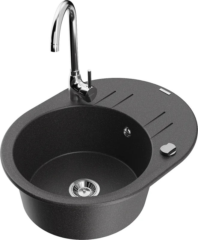 Mexen Kevin granieten spoelbak 1-komor met afdruiprek en keukenmengkraan Telma, zwart gespikkeld - 6517-76-670200-00