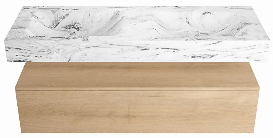 Mondiaz Alan DLux badmeubel 130cm washed oak 1 lade met wastafel glace dubbel zonder kraangat