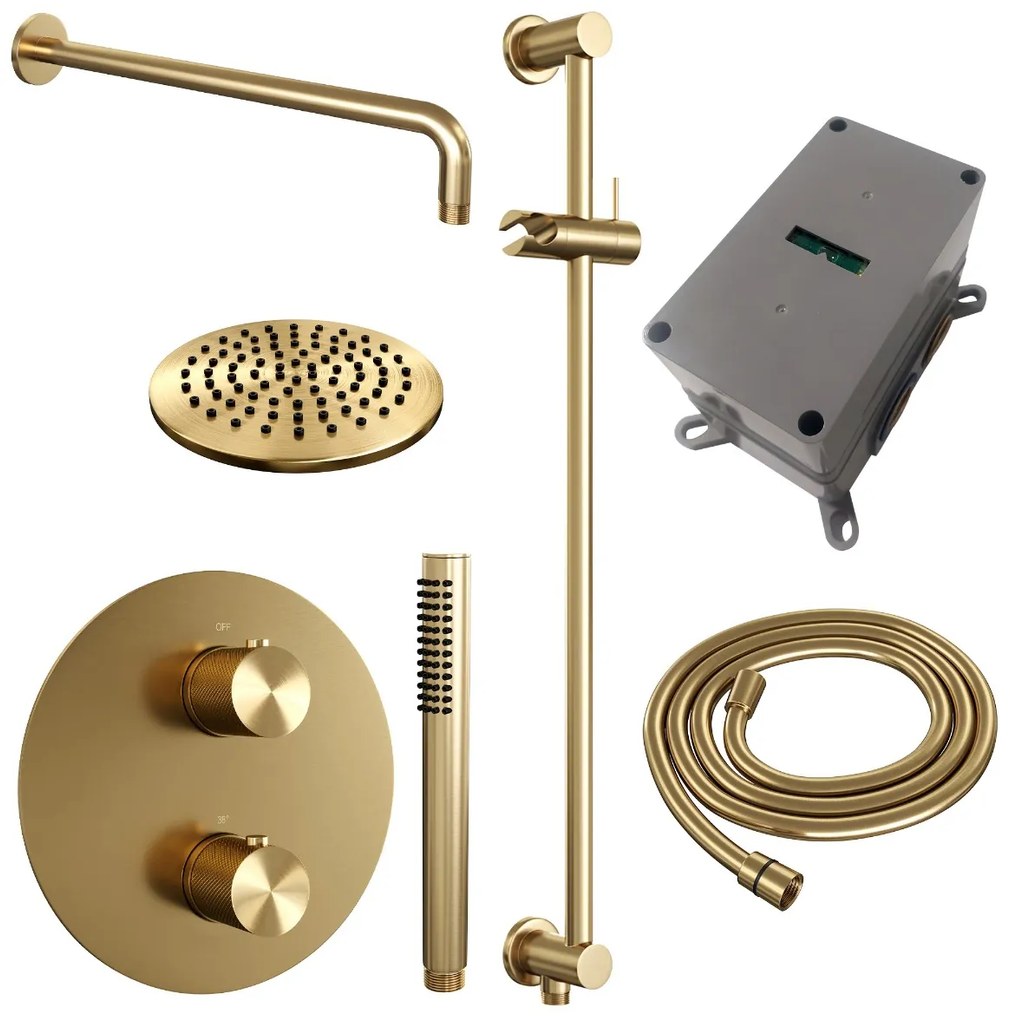 Brauer Gold Carving thermostatische inbouw regendouche met staafhanddouche, gebogen muurarm, glijstang en hoofddouche 20cm set 87 messing geborsteld PVD