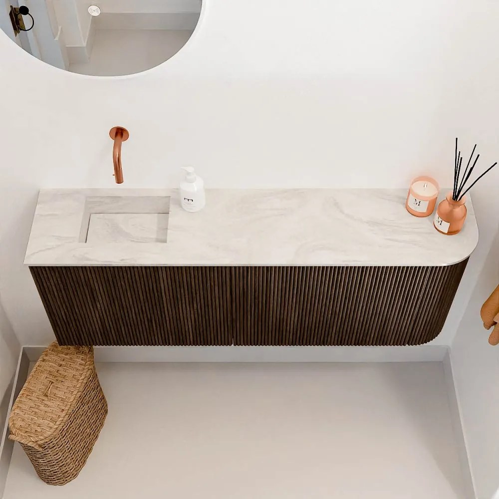 Mondiaz Joya DLux 110cm toiletmeubel ronding rechts walnut met wastafel faye links zonder kraangat ostra