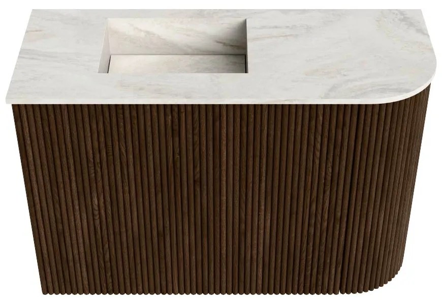Mondiaz Joya DLux 60cm toiletmeubel ronding rechts walnut met wastafel faye links zonder kraangat ostra