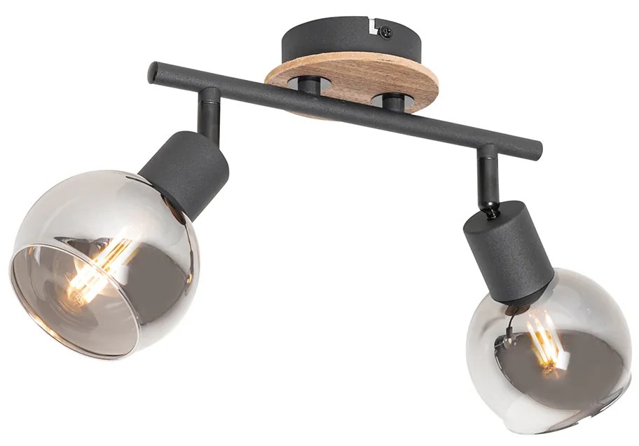 Plafondlamp zwart met smoke glas en hout 2-lichts - Vidro