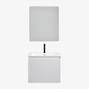 Macrae Zwevend Houten Badkamermeubelset Met Geïntegreerde Wastafel Wit & Rechthoekige Led En Anticondens 60x70 Cm Riben & Zwart ↑20 - Sklum