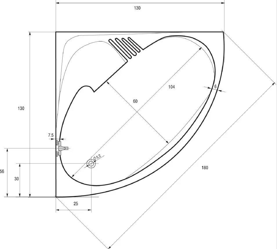 Badstuber Firenze badkuip kwartrond 130x130cm wit