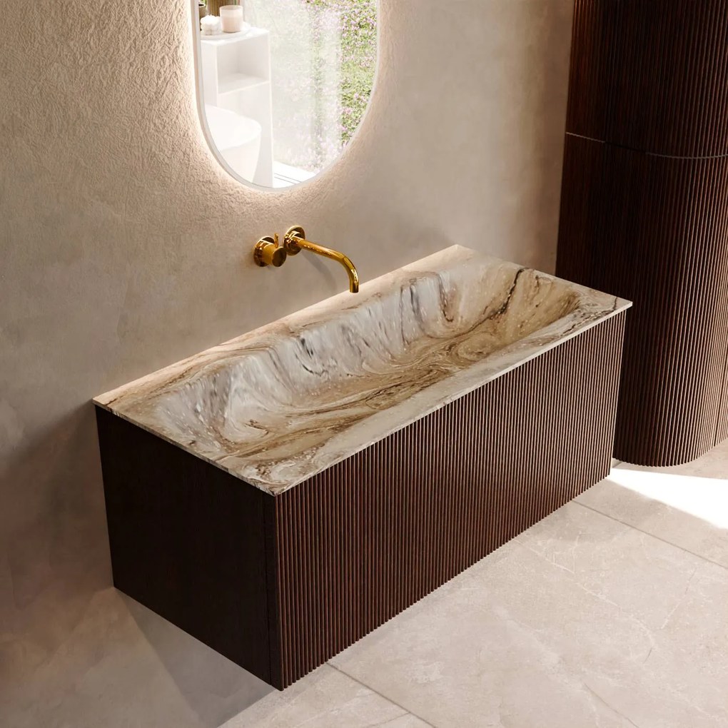 Mondiaz Kurve-dlux 100cm badmeubel ruby met 1 lade en wastafel big medium midden zonder kraangat glace