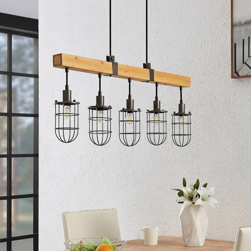 Serima hanglamp hout met 5 kooikappen - lampen-24