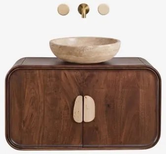 Hangend Badkamermeubelset 95x45 Cm Van Mangohout En Natuurlijke Kivalina-steen Travertijn - Donker Mangohout & Ronde Travertijn Ø40 Cm Eskel - Sklum
