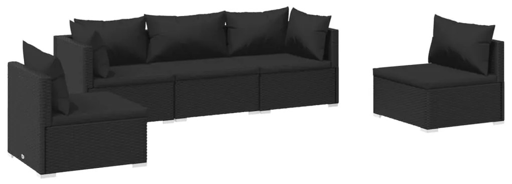 vidaXL 5-delige Loungeset met kussens poly rattan zwart