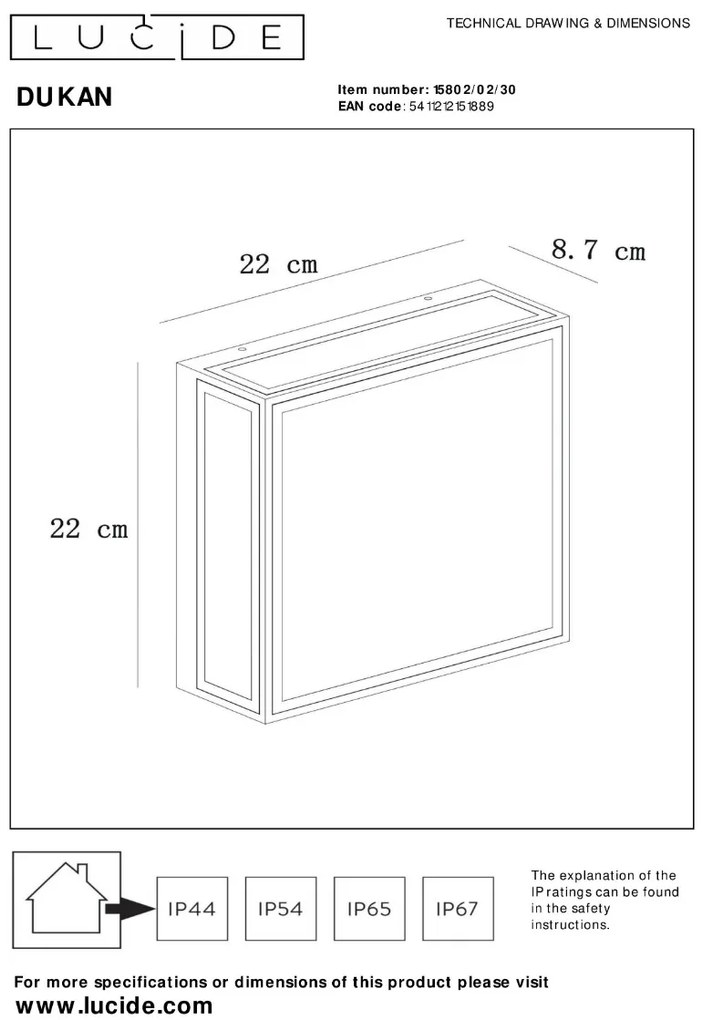 Lucide Dukan plafondlamp 30W 22x22cm zwart