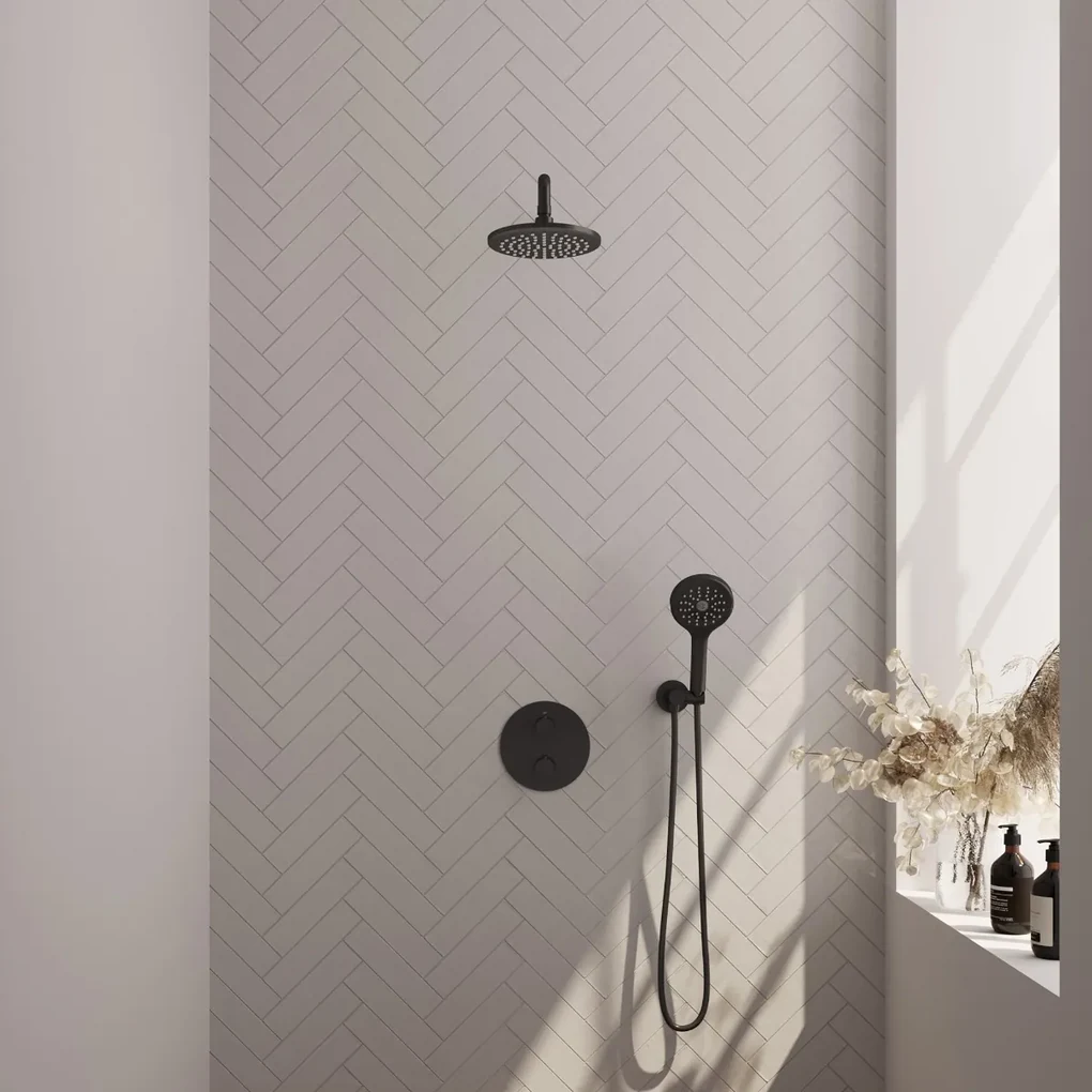Brauer Black Carving thermostatische inbouw regendouche met 3 standen handdouche, gebogen muurarm en hoofddouche 20cm set 81 zwart mat