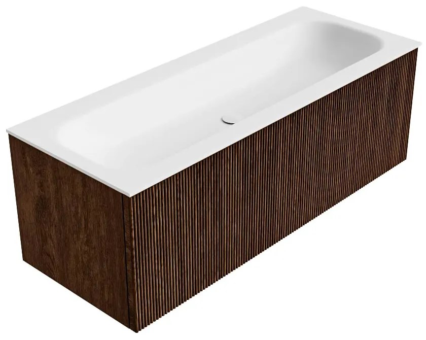 Mondiaz Kurve 120cm badmeubel walnut met 1 lade en wastafel big large midden 2 kraangaten