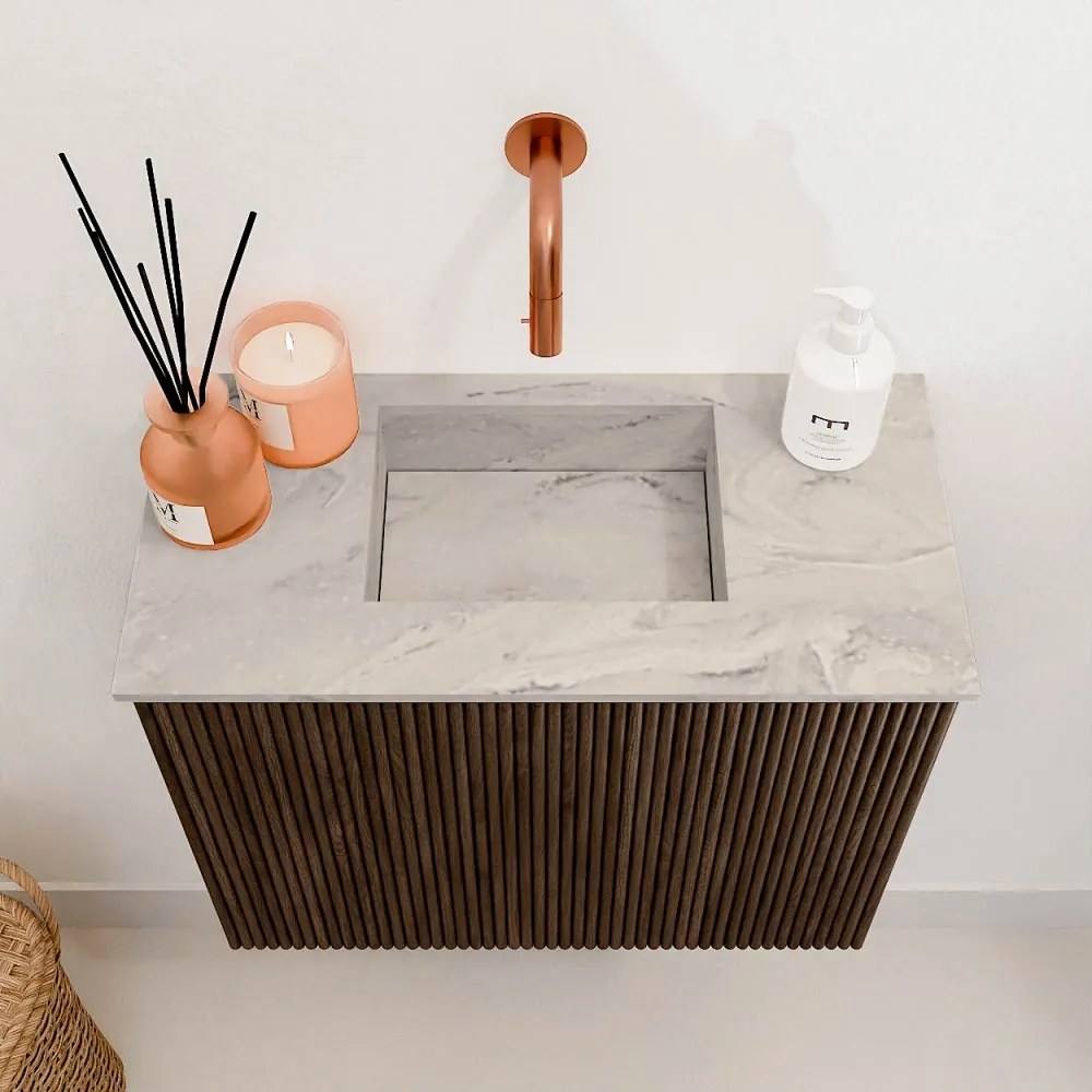 Mondiaz Joya DLux 50cm toiletmeubel walnut met wastafel faye midden zonder kraangat glace