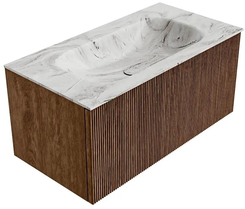 Mondiaz Kurve-dlux 90cm badmeubel walnut met 1 lade en wastafel big small midden 1 kraangat glace