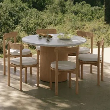 Set Van Een Ronde Tafel Ø120 Cm In Cement Sharpay En 6 Tuinstoelen Van Acaciahout Nualis Lichte Acaciekleur - Sklum
