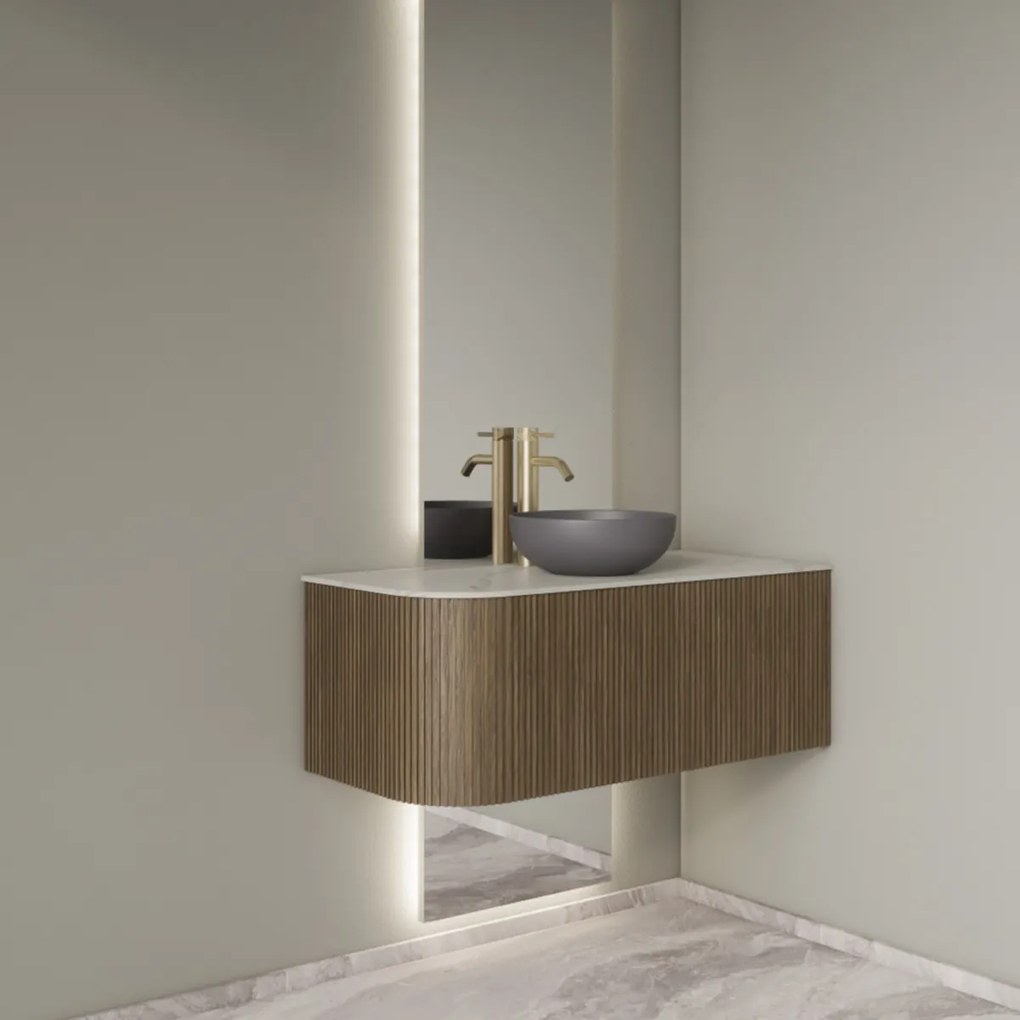 Gliss Design Alluro badmeubel ribbelfront met ronding links 100cm ash grey en wit marmer toppaneel