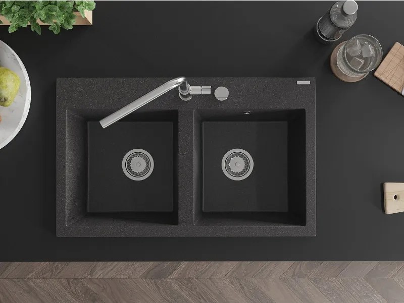 Mexen Hektor granieten gootsteen 2-kamer 800 x 480 mm, zwart gespikkeld, chromen sifon - 6521802000-76