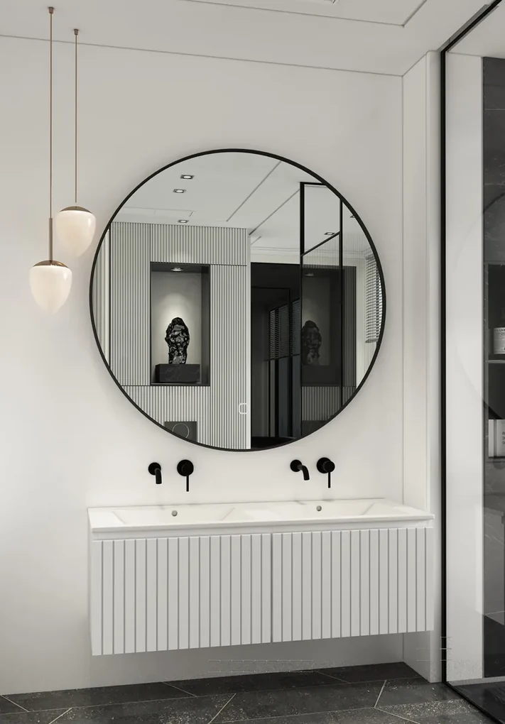 Fontana Lento wit badkamermeubel ribbelfront met witte wastafel 120cm zonder kraangaten en ronde spiegel