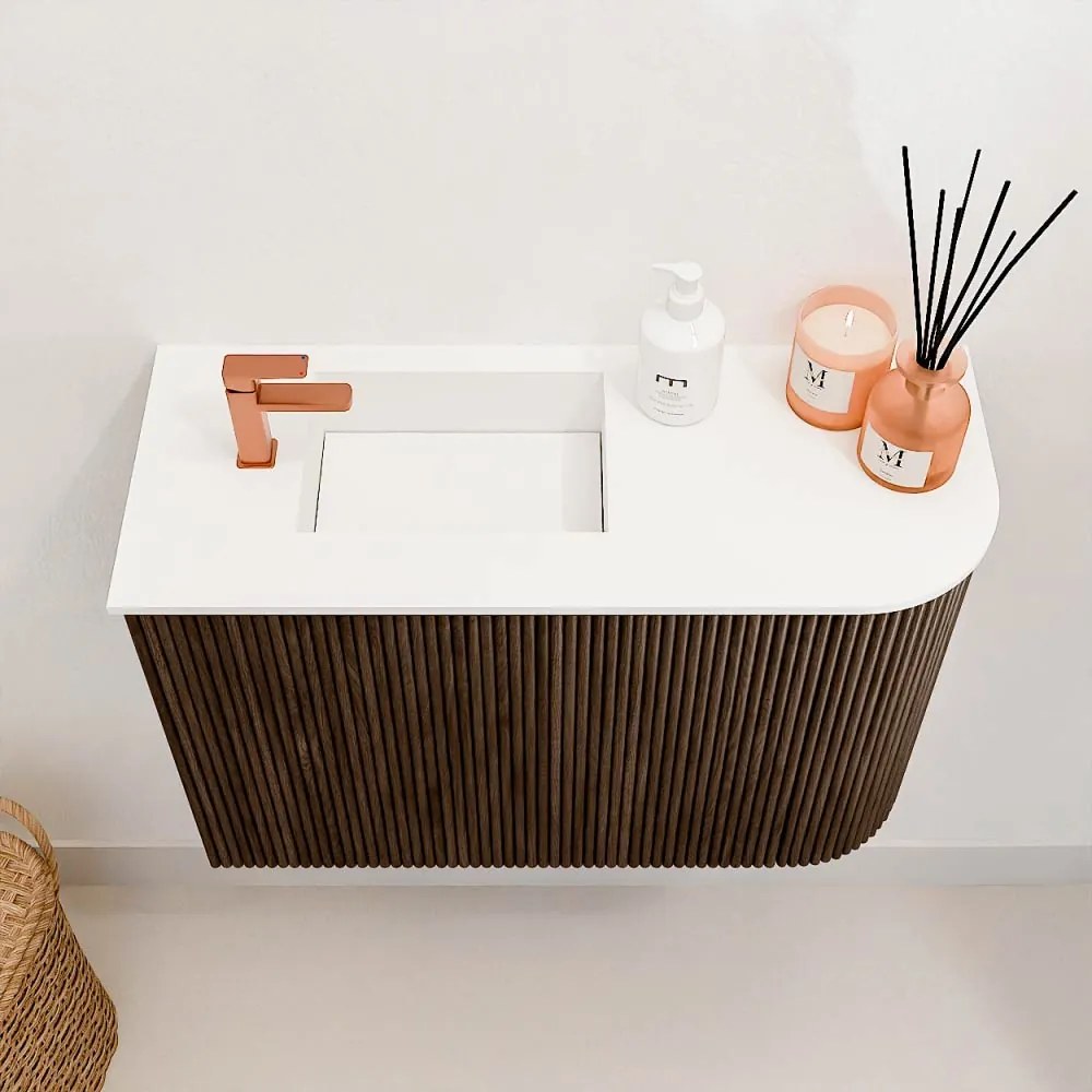 Mondiaz Joya 60cm toiletmeubel ronding rechts walnut met wastafel faye links 1 kraangat talc