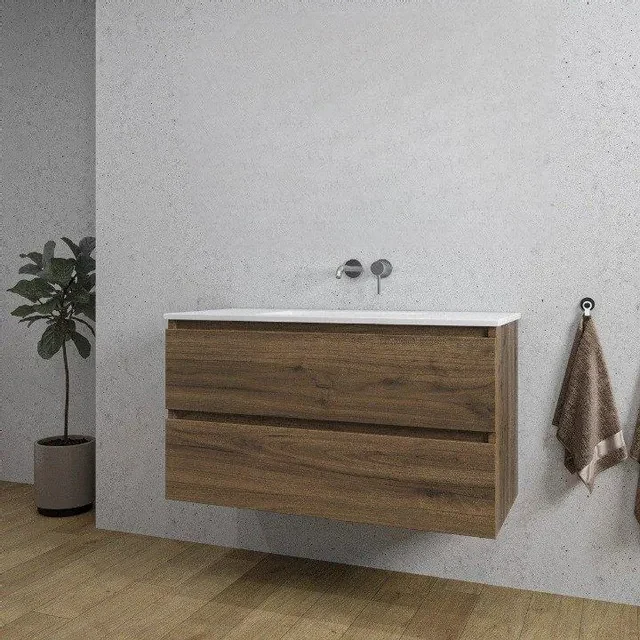 Adema Chaci Badkamermeubelset - 100x46x57cm - 1 keramische wasbak wit - zonder kraangaten - 2 lades - noten (hout) SW1212772/SW773927