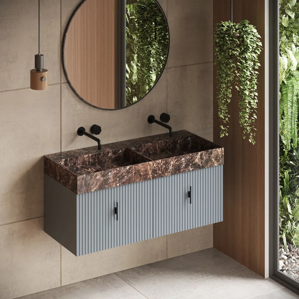Muebles Zahora badmeubel ribbelfront 120cm baby blauw met Dark Emperador wastafel zonder kraangaten