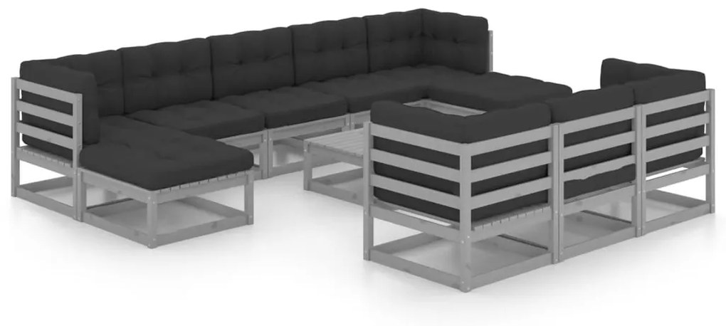 vidaXL 11-delige Loungeset met kussens massief grenenhout grijs