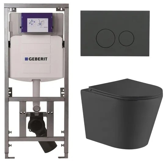 QeramiQ Dely Toiletset - 36.3x51.7cm - diepspoel - rimless - Geberit UP320 Burda inbouwreservoir - softclose toiletzitting - bedieningsplaat mat antraciet - ronde knoppen - zwart mat SW1026253/0701131/SW1102376/SW1000768