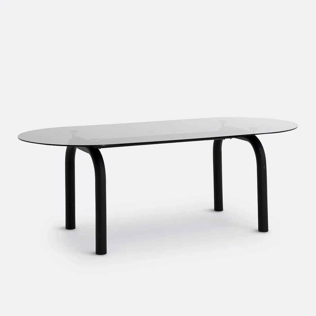 Ovale eettafel, gerookt glas en staal, 6 tot 8 couverts, POLLY