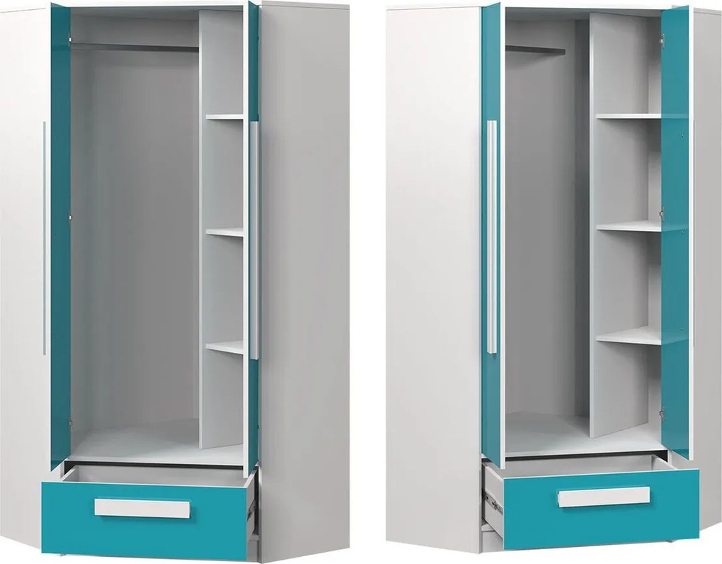 Hoekkledingkast Merevari 103, Glanzend wit, Grijs, Wit, 191x87x87cm, 79.9 kg, Kledingkast deuren: Met scharnieren, Aantal planken: 3, Aantal planken: 3