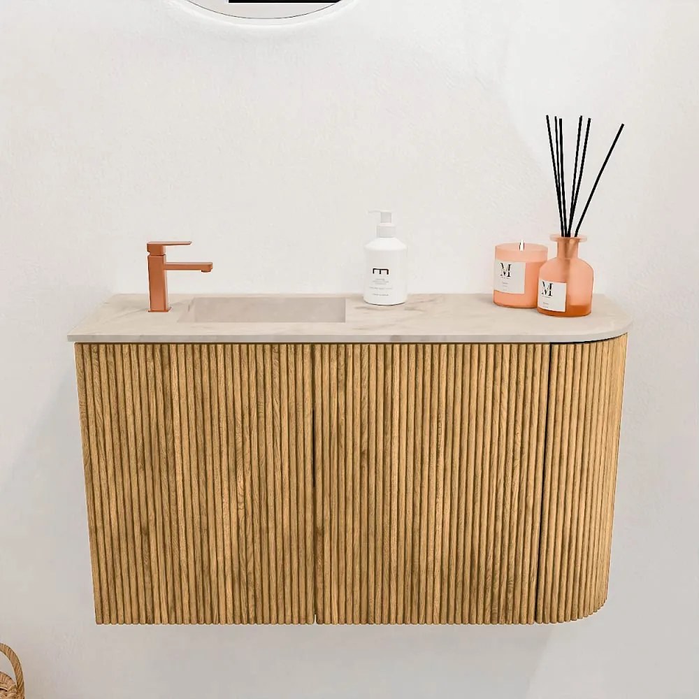 Mondiaz Joya DLux 70cm toiletmeubel ronding rechts oak met wastafel faye links 1 kraangat frappe
