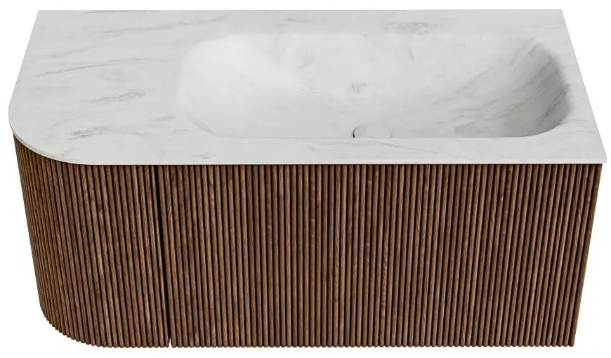 Mondiaz Kurve-dlux 95cm badmeubel ronding links walnut met 1 lade en deur en wastafel big small kraangat rechts opalo
