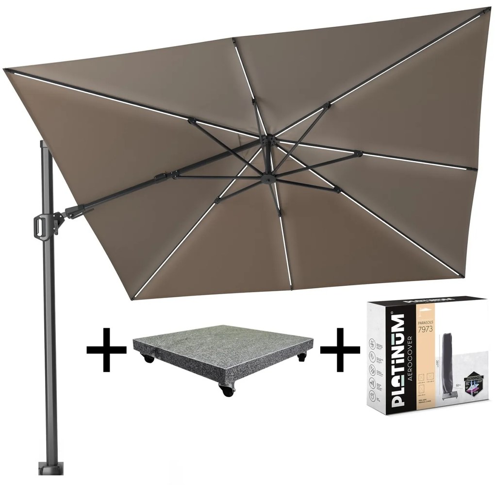 Challenger T2 glow premium parasol 300x300 cm antraciet havanna met 90KG voet en hoes