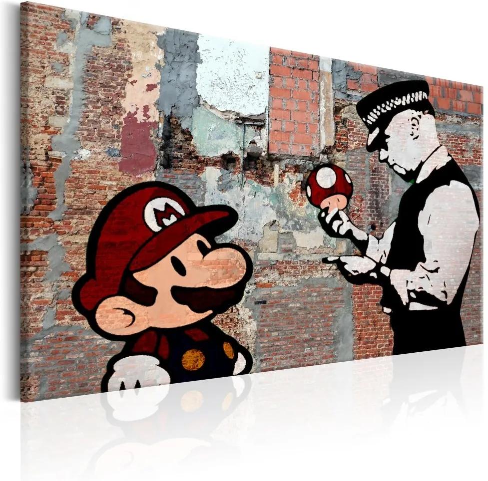 Schilderij - Mario en Politieagent op rode muur , Banksy , steenlook