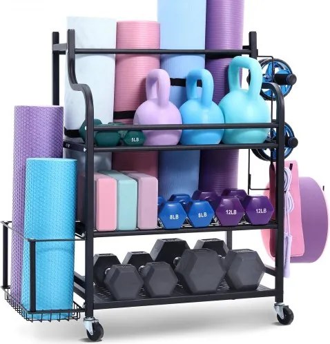 VEVOR Home Gym Opbergrek Opbergstandaard Yoga Mat Houder (3 Lagen), Yoga Mat Gewichthefrek met Wielen en Haken, Haltergewichthefrek voor Thuis Fitnessapparatuur