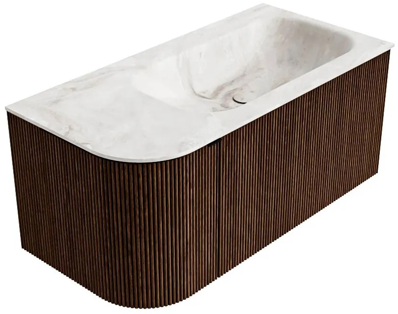 Mondiaz Kurve-dlux 95cm badmeubel ronding links walnut met 1 lade en deur en wastafel big small rechts zonder kraangat frappe