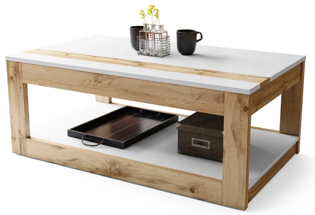 LUSSO Wit Mat/Wotan Eik - MODERNE SALONTAFEL MET VERHOOGD BLAD + OPBERGRUIMTE + SCHAP (OP WIELEN!)