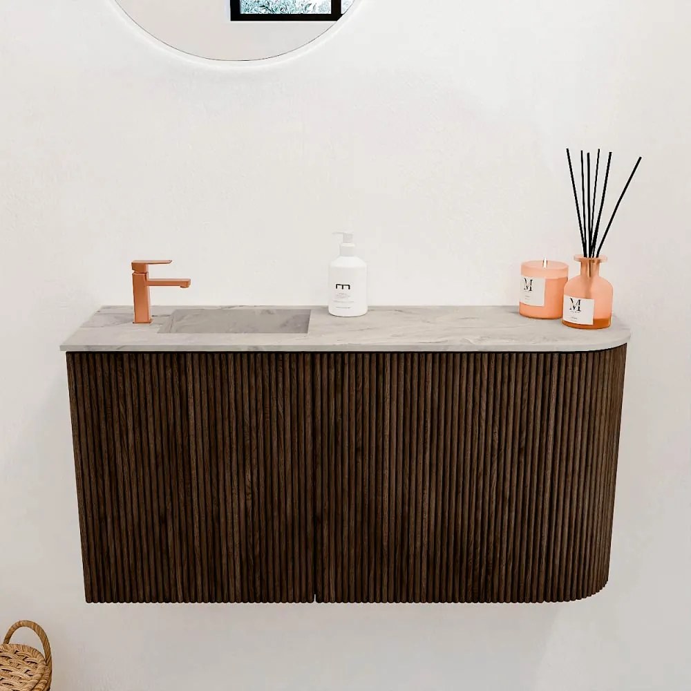 Mondiaz Joya DLux 80cm toiletmeubel ronding rechts walnut met wastafel faye links 1 kraangat glace