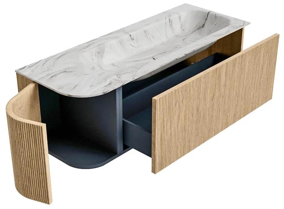 Mondiaz Kurve-dlux 125cm badmeubel ronding links oak met 1 lade en deur en wastafel big medium kraangat rechts glace