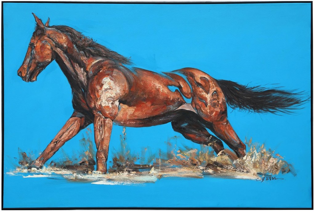Fine Asianliving Olieverf Schilderij 100% Handgeschilderd 3D met Reliëf Effect en Zwarte Omlijsting 100x150cm Paard Blauw